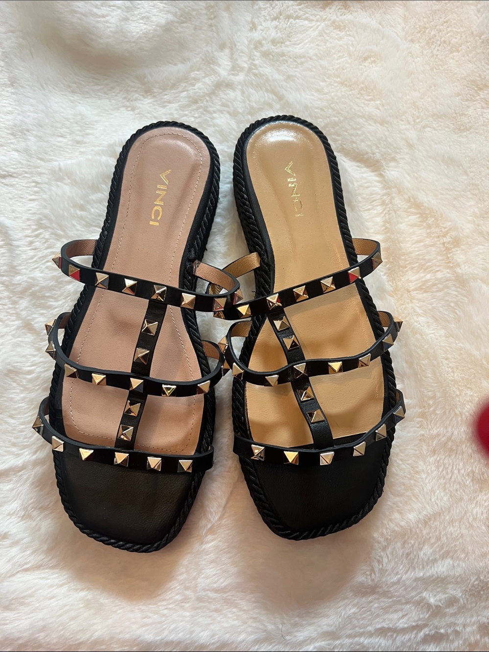 Black Pyramid-Stud Triple-Strap Slide Sandals